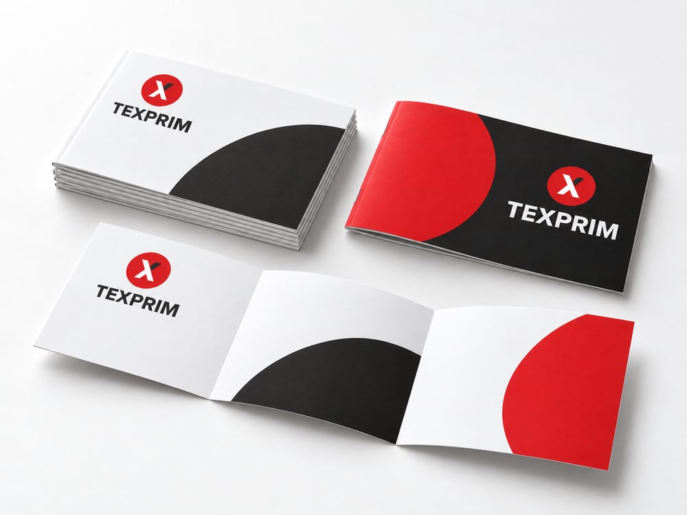 Brochures et dépliant ouvert avec logo et motifs graphiques Texprim, plis et tranches visibles.