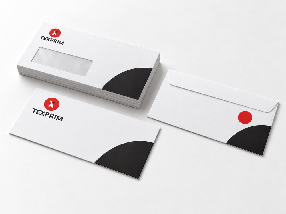 Enveloppes commerciales blanches #10 avec logo Texprim, avec et sans fenêtre, sans adresse fictive et avec rabat visible.