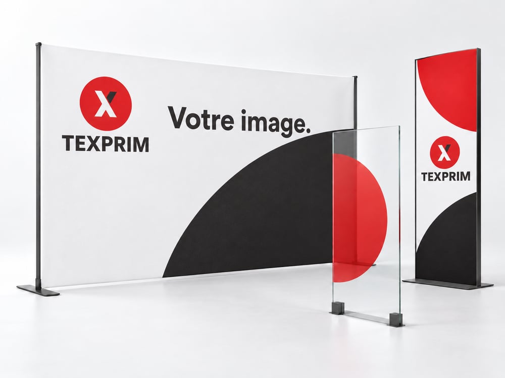 Grand visuel d’exposition et signalétique avec identité Texprim et court titre « Votre image. », accompagnés d’un panneau vitré décoré.