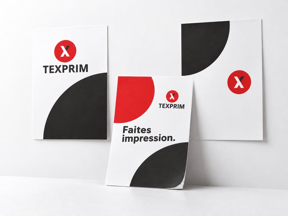 Affiches papier avec identité Texprim, logo et court message « Faites impression. », dont une avec un coin légèrement relevé.