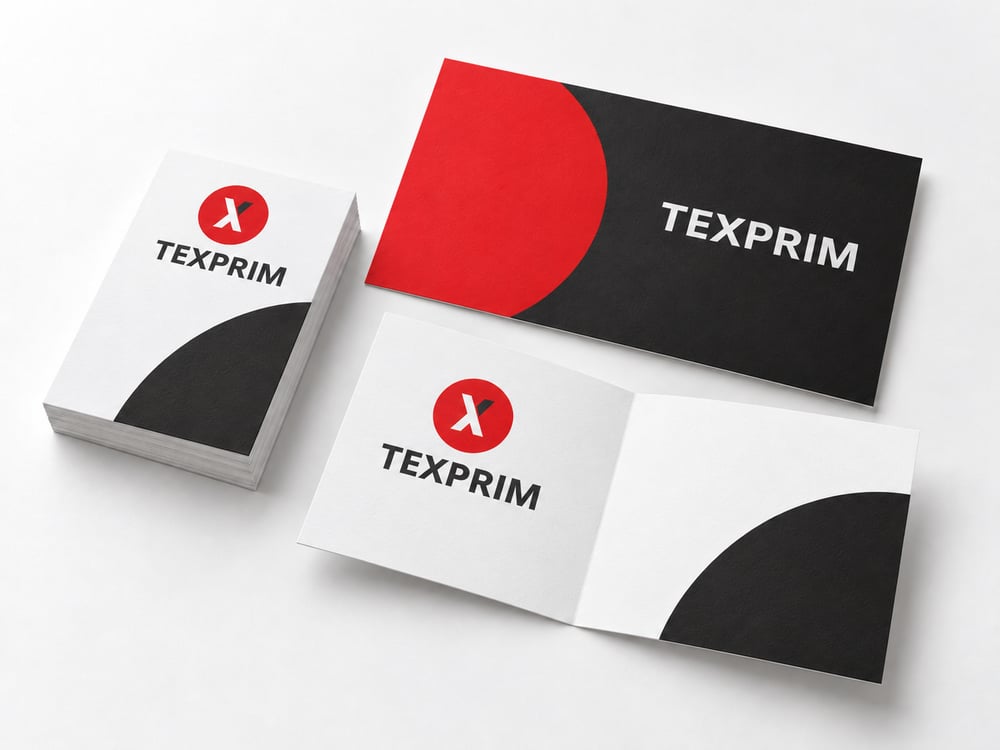 Cartes promotionnelles, invitations et carte pliée avec logo et identité graphique Texprim, présentées en studio.