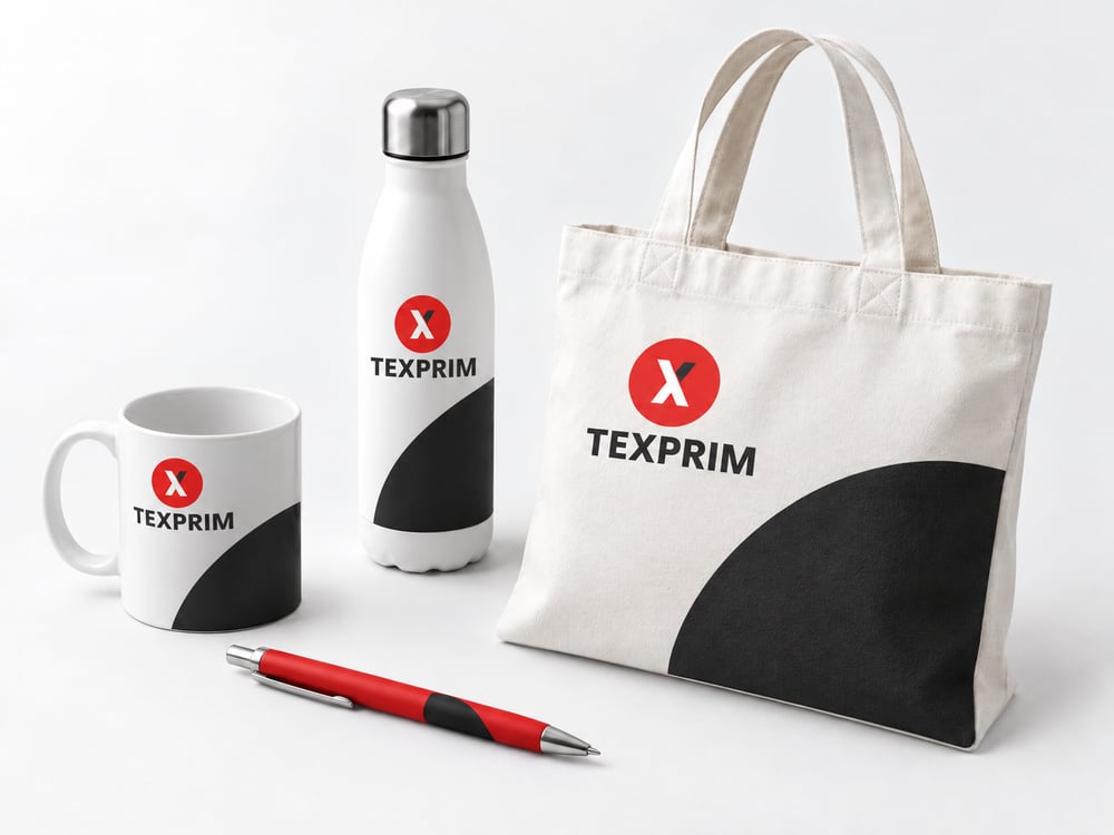 Tasse, gourde et sac portant l’identité Texprim, accompagnés d’un stylo rouge, dans une mise en scène studio coordonnée.