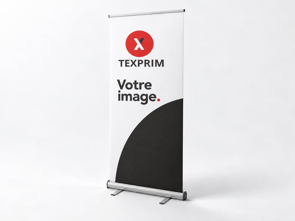 Roll-up avec logo Texprim, court titre « Votre image. », base rétractable et pieds stabilisateurs.