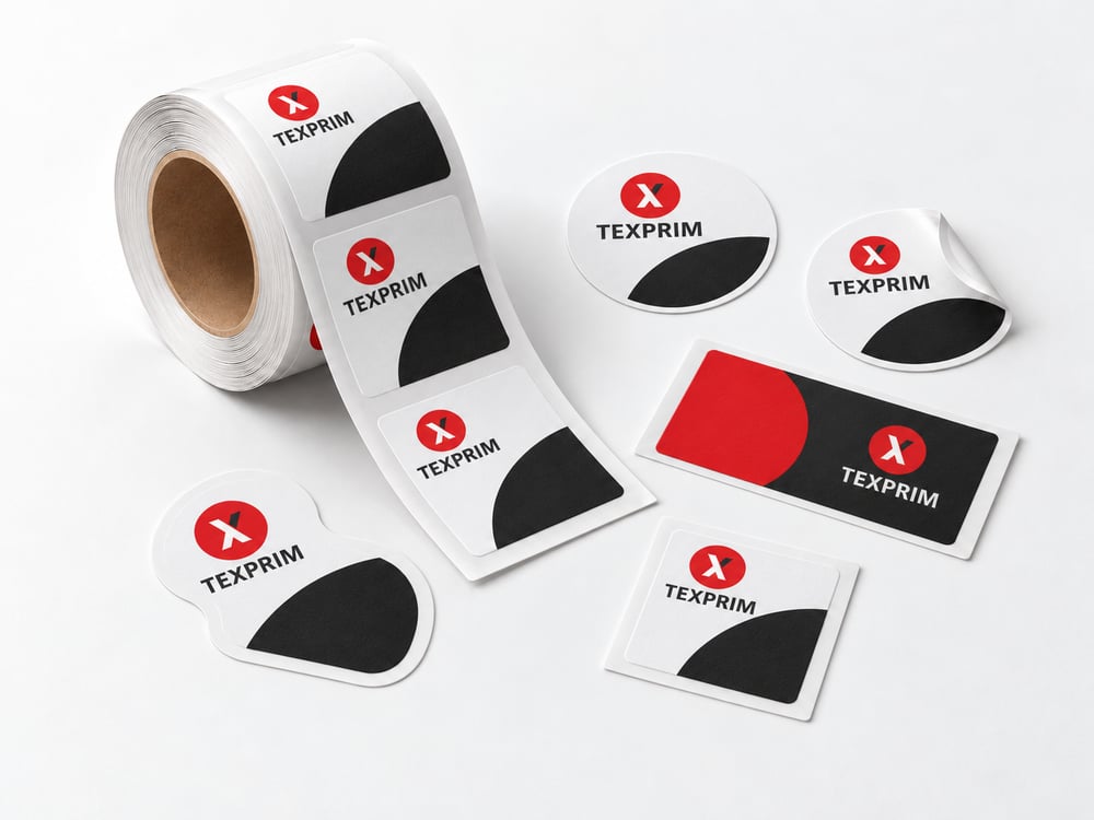 Étiquettes en rouleau et autocollants individuels ronds, carrés et découpés portant le logo ou le symbole Texprim.
