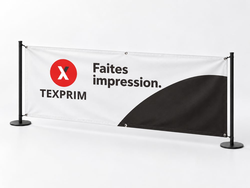 Bannière en vinyle avec logo Texprim et court message « Faites impression. », tendue entre deux montants avec œillets visibles.